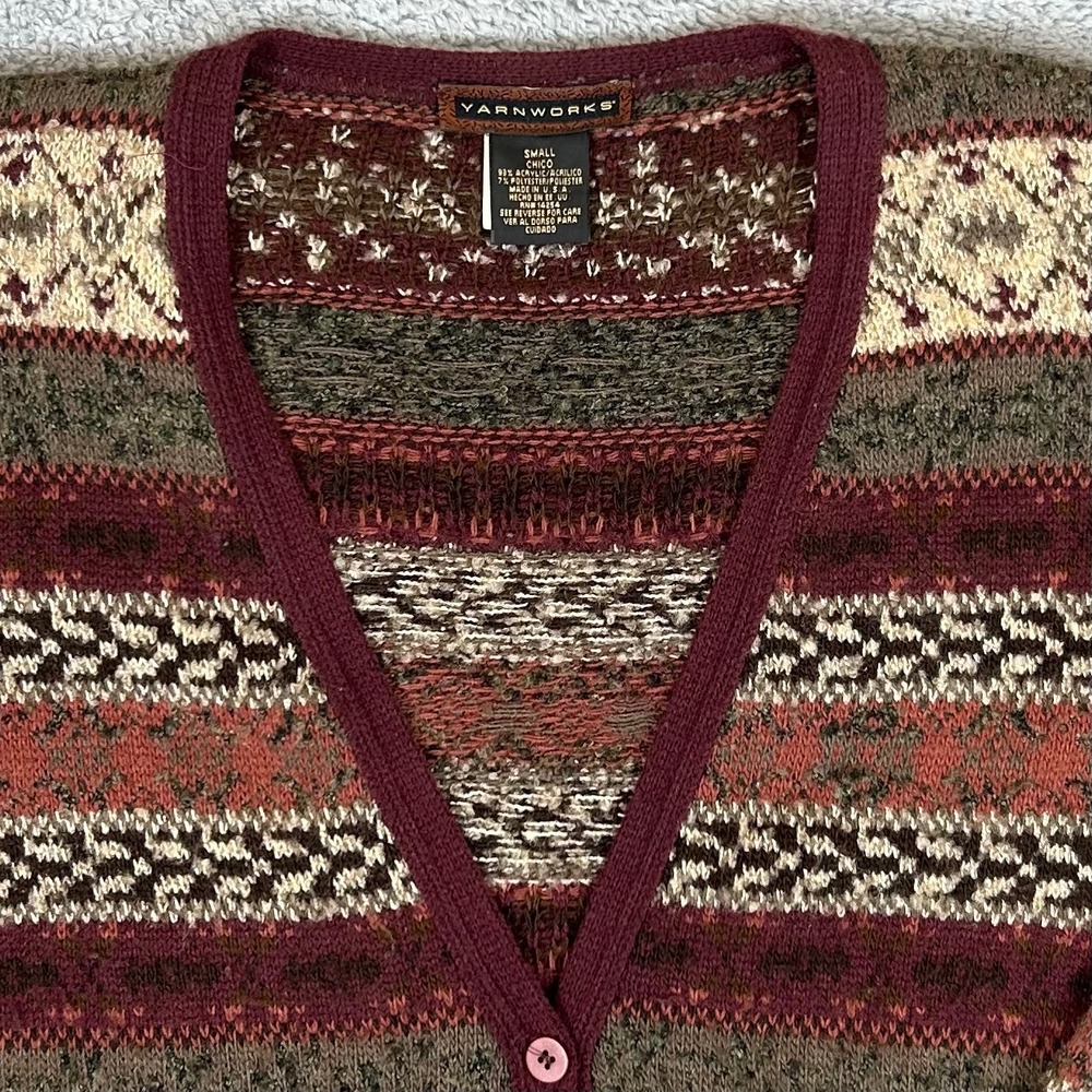 Yarnworks Womens Small Fair Isle Button Front Cardigan Sweater Burgundy Multi
